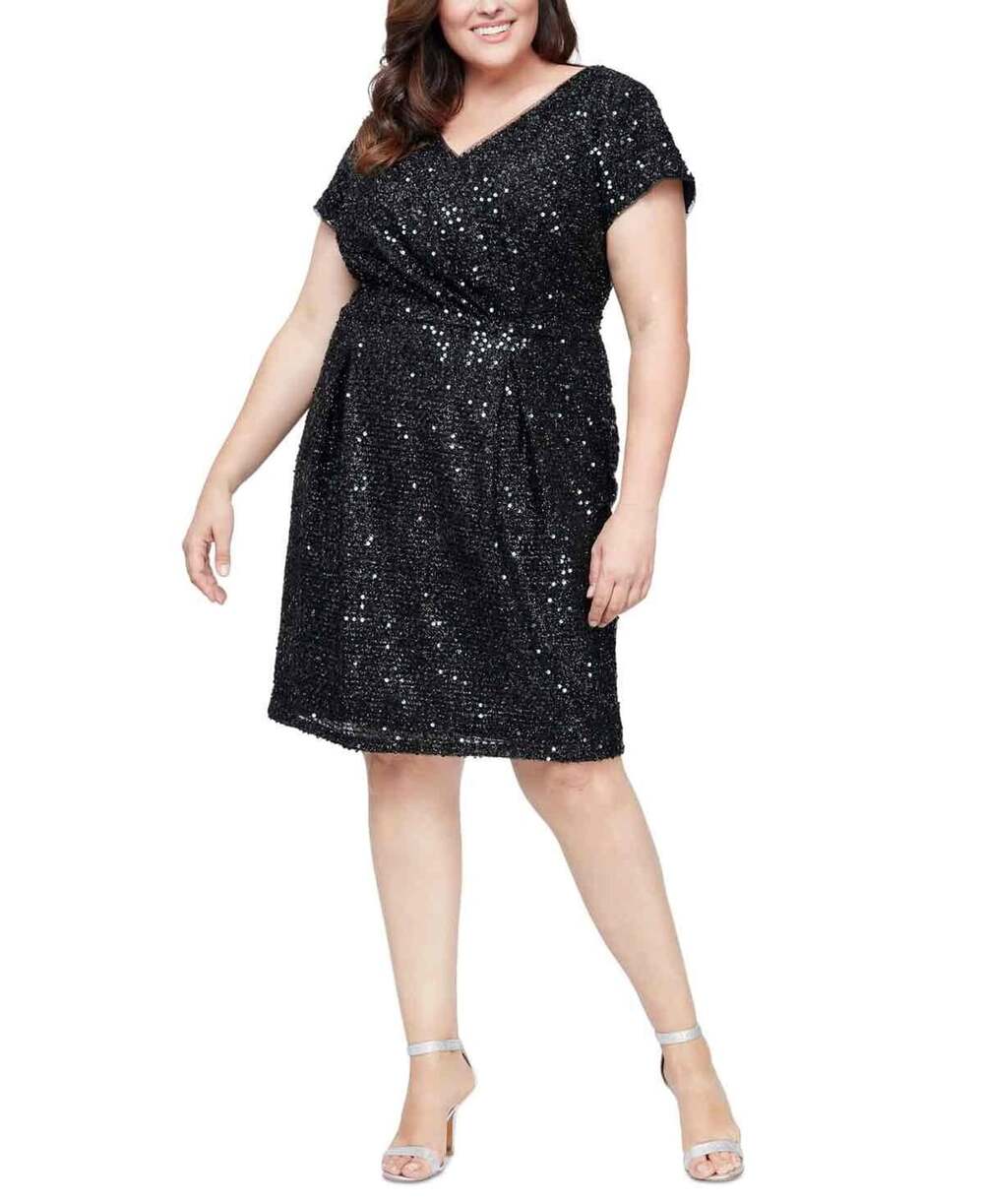 NWT SLNY Womens Black Sequin V Neck Short Sleeve Cocktail Dress Size 20W